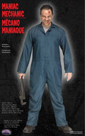 Halloween-Emporium dark blue mechanic coveralls costume worn by a man holding a prop wrench for a horror look