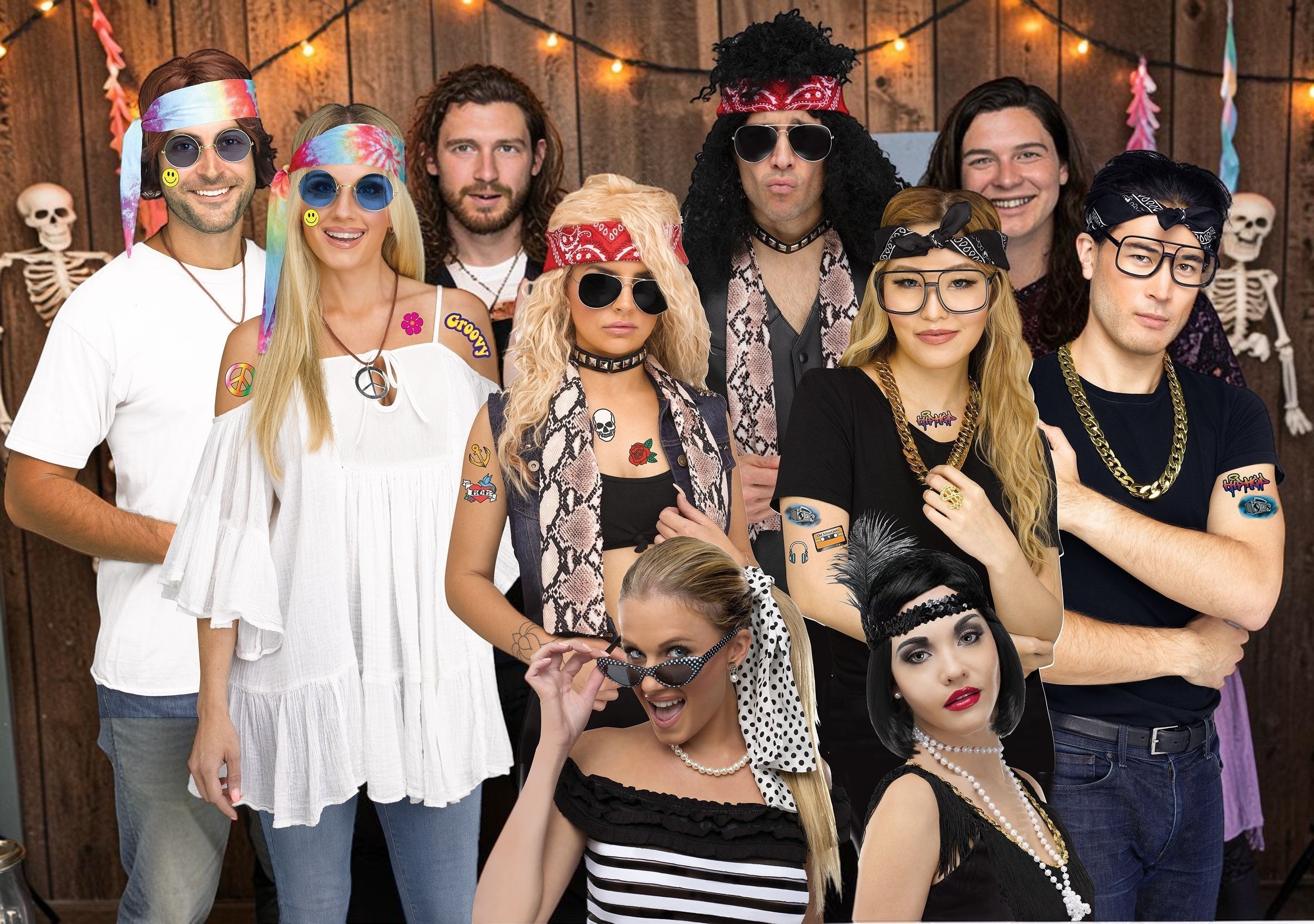 Halloween-Emporium decades instant costume kits featuring 20s, 50s, 60s, 80s, and 90s themed accessories on models.