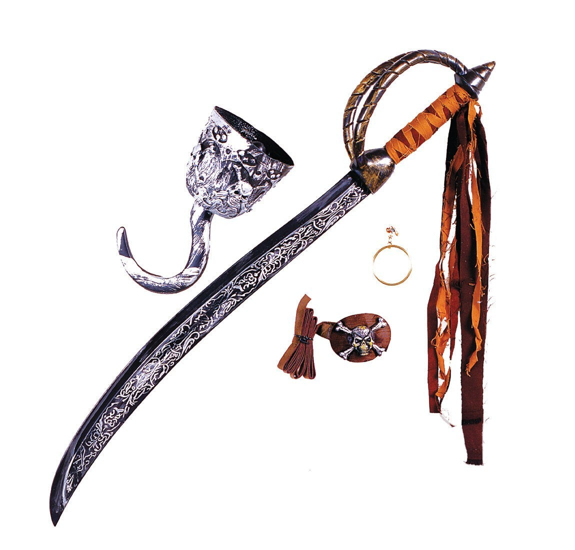 Halloween-Emporium deluxe pirate accessory set featuring an ornate cutlass, silver hook, skull patch, and gold earring.