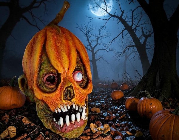 Halloween-Emporium Demented Jack latex mask featuring a decaying pumpkin skull design with sharp teeth and one eye.