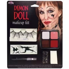 Halloween-Emporium Demon Doll FX makeup kit with face paint palette, false eyelashes, tattoos, and applicator sponge.