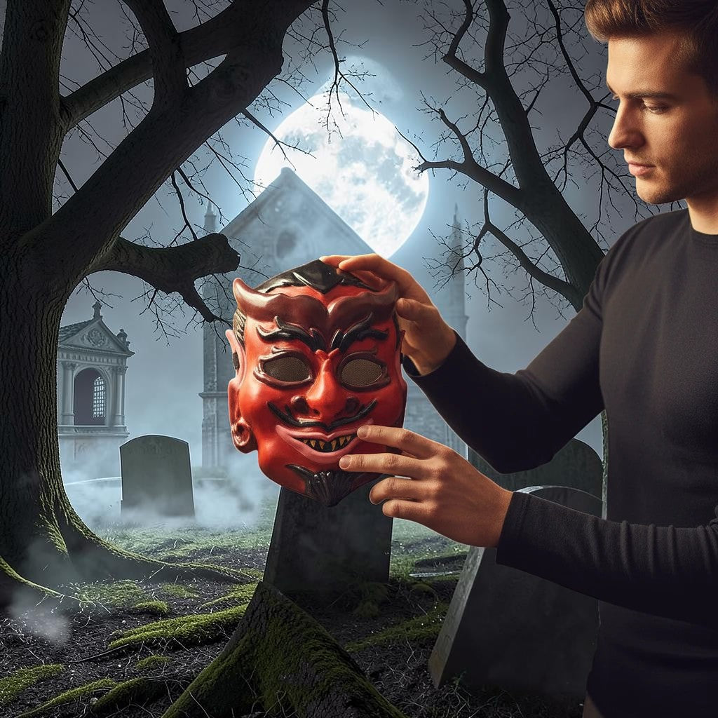Halloween-Emporium devil injection mask in red and black with sculpted horns, held by a man in a spooky graveyard.