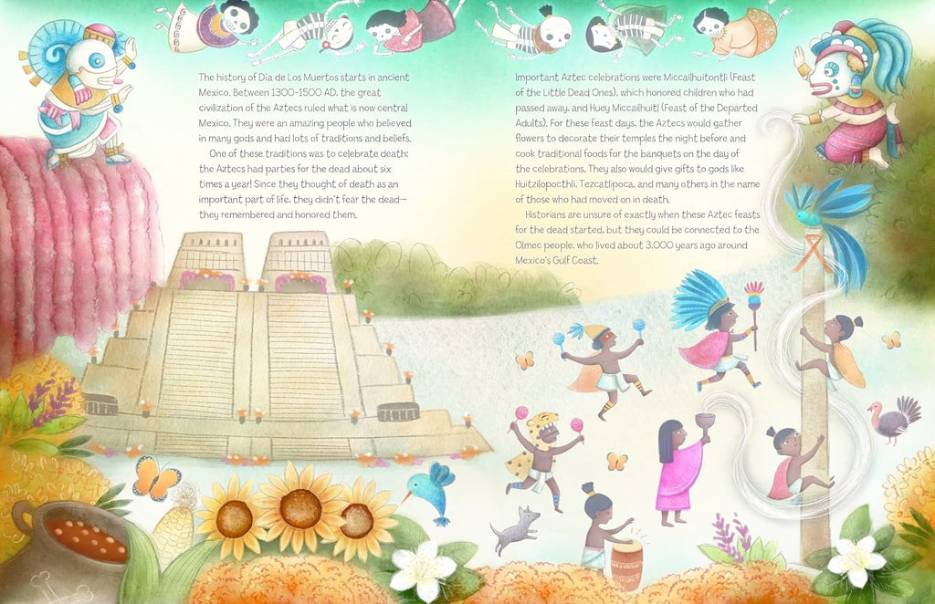 Halloween-Emporium Dia De Los Muertos Story book spread showing colorful Aztec illustrations and historical text