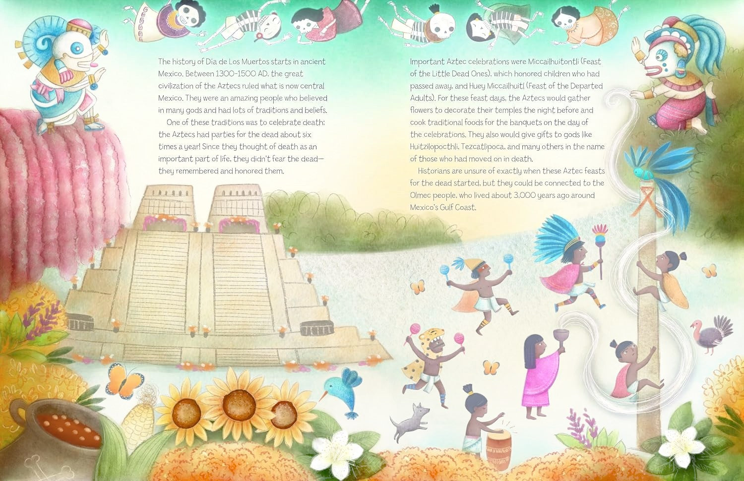 Halloween-Emporium Dia De Los Muertos Story book spread showing colorful Aztec illustrations and historical text