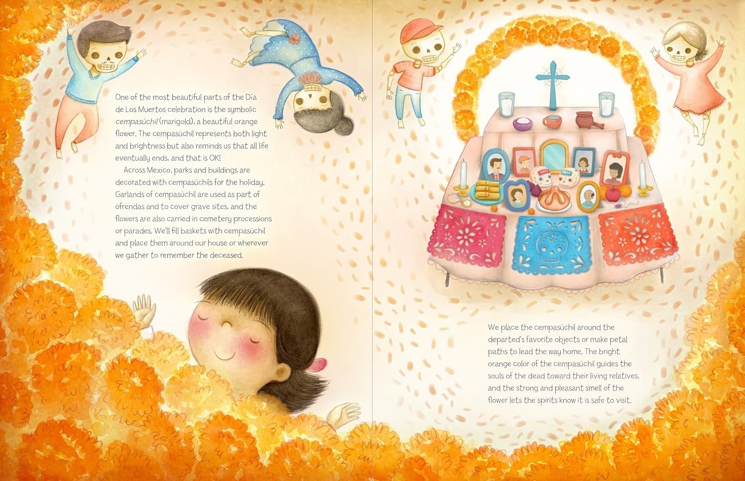 Halloween-Emporium Dia De Los Muertos Story book spread showing an ofrenda, marigolds, and children in skull makeup.