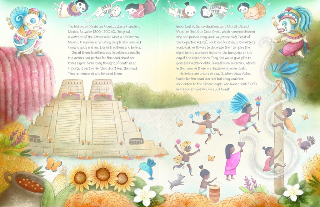 Halloween-Emporium Dia De Los Muertos Story book spread featuring colorful Aztec illustrations and historical text.