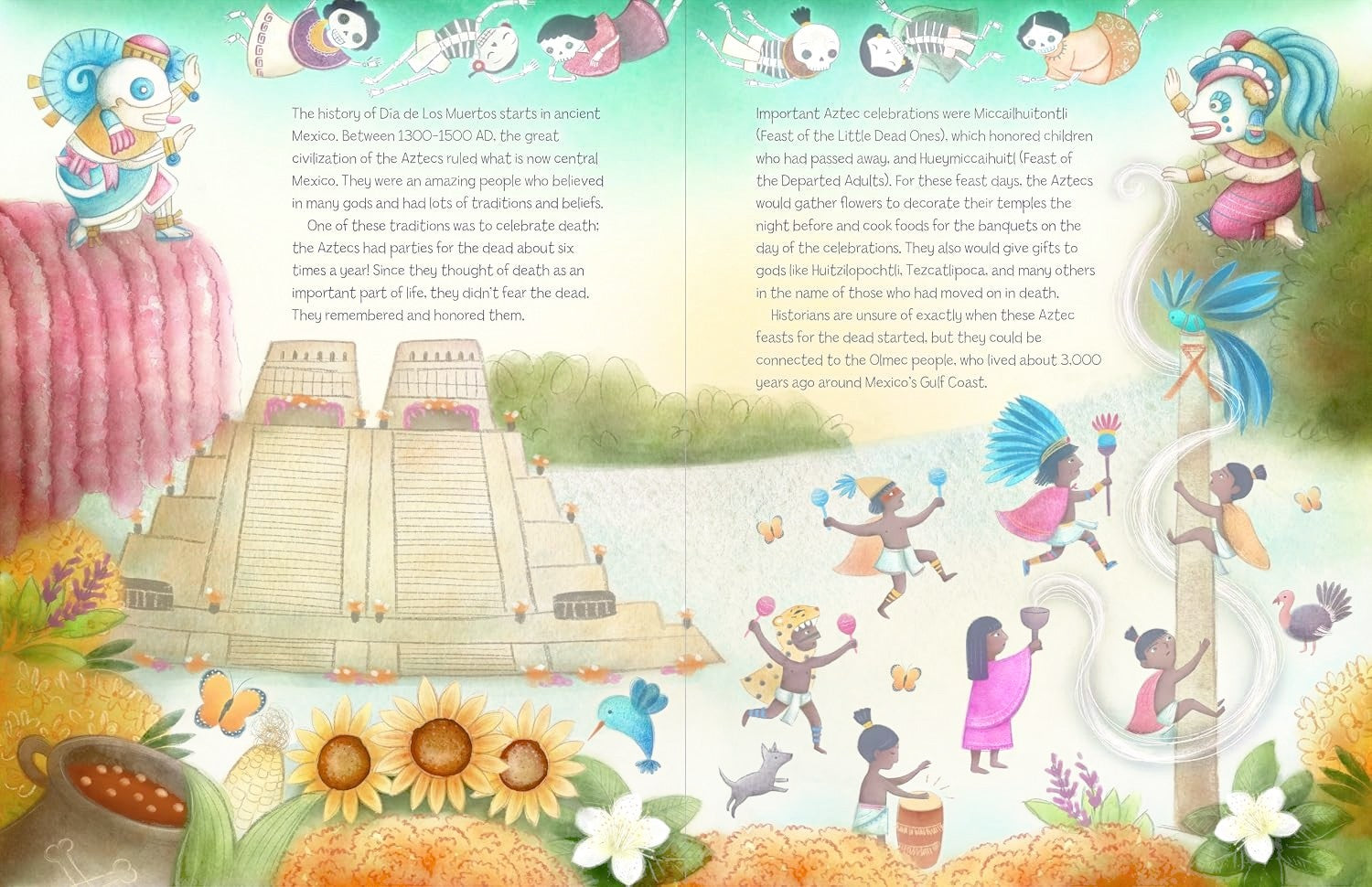 Halloween-Emporium Dia De Los Muertos Story book spread featuring colorful Aztec illustrations and historical text.