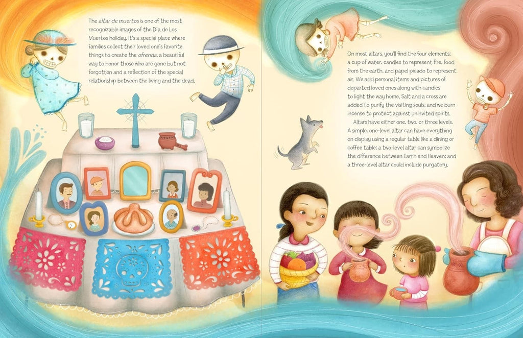 Halloween-Emporium illustrated book spread showing a Dia de Los Muertos ofrenda with sugar skull characters and family