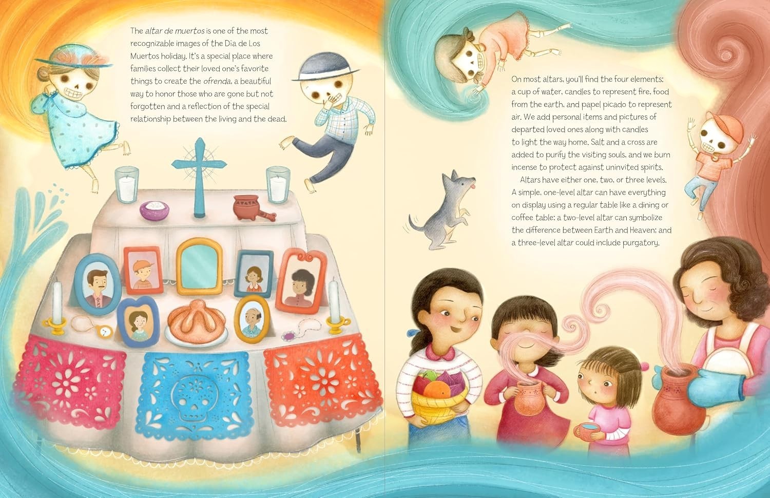 Halloween-Emporium illustrated book spread showing a Dia de Los Muertos ofrenda with sugar skull characters and family