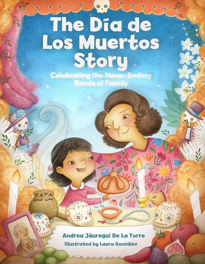 Halloween-Emporium The Dia de Los Muertos Story hardback book cover featuring a girl and her abuela with sugar skulls.