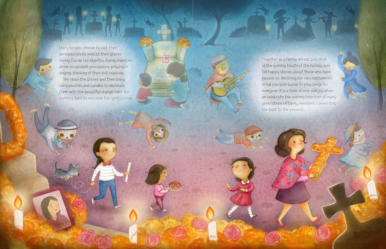Halloween-Emporium Dia De Los Muertos Story book illustration showing a joyful Mexican cemetery celebration scene.