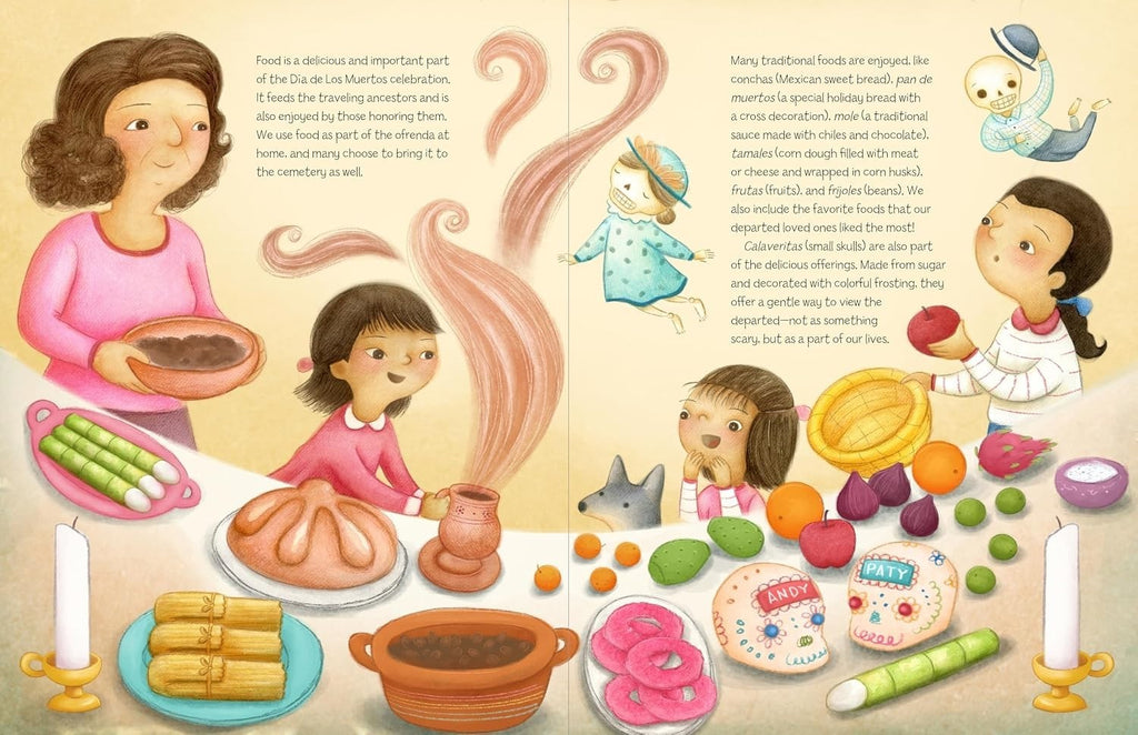 Halloween-Emporium Dia De Los Muertos Story book illustration showing a family preparing traditional food and sugar skulls.