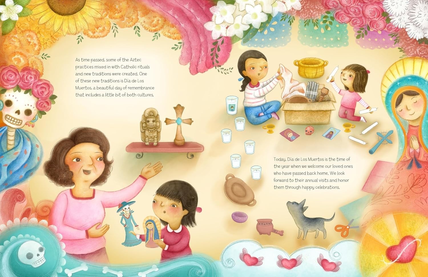 Halloween-Emporium Dia De Los Muertos Story book illustration showing a grandmother and child learning traditions.