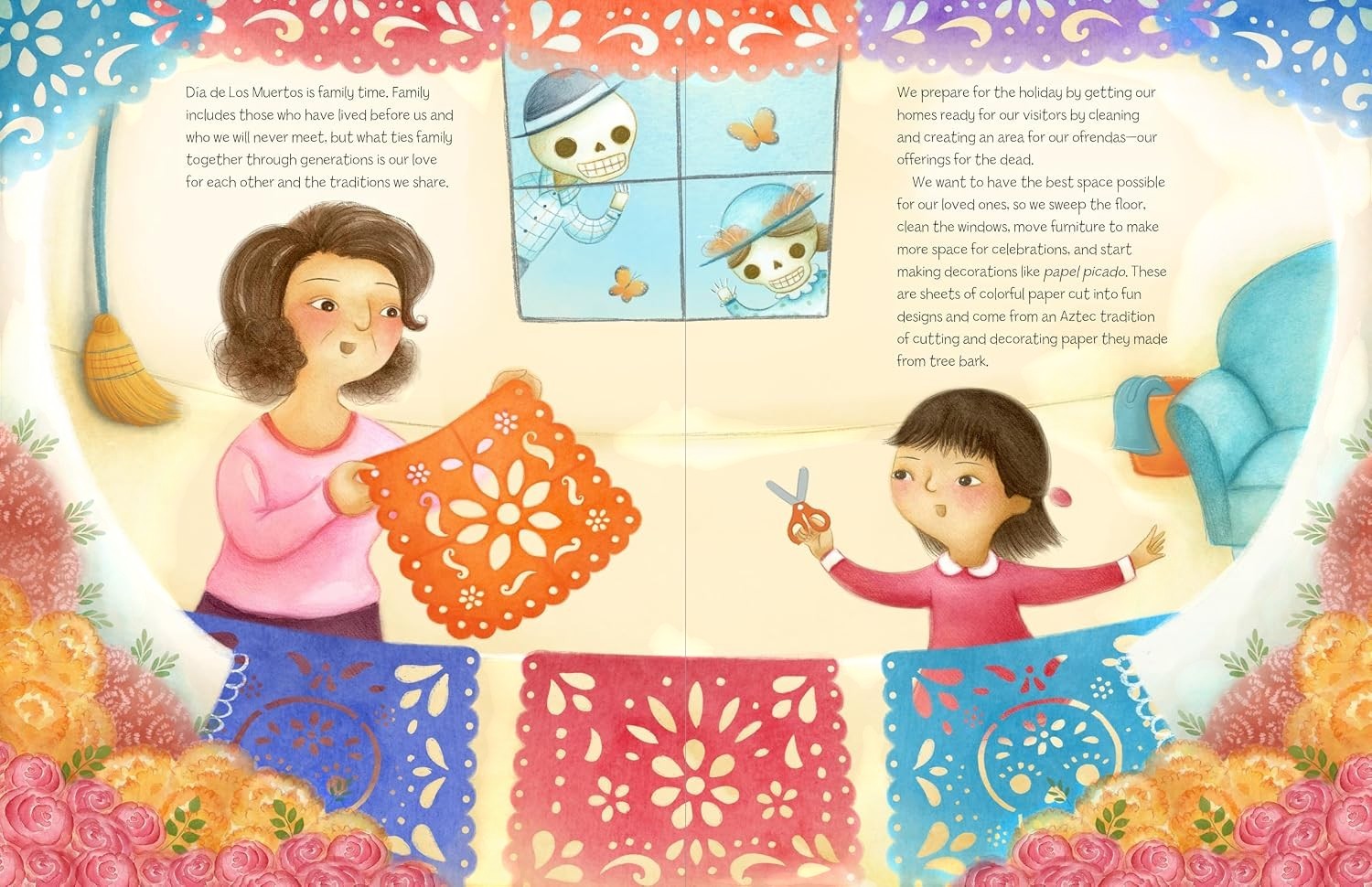 Halloween-Emporium Dia De Los Muertos Story book illustration showing a mother and daughter crafting colorful papel picado