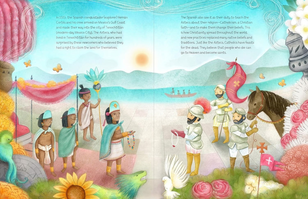 Halloween-Emporium The Dia De Los Muertos Story book page showing colorful illustrations of Aztec and Spanish history
