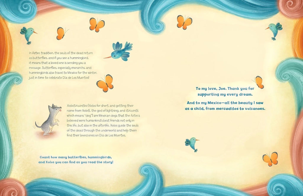 Halloween-Emporium Dia De Los Muertos Story book page featuring illustrations of butterflies, hummingbirds, and a Xolo dog.