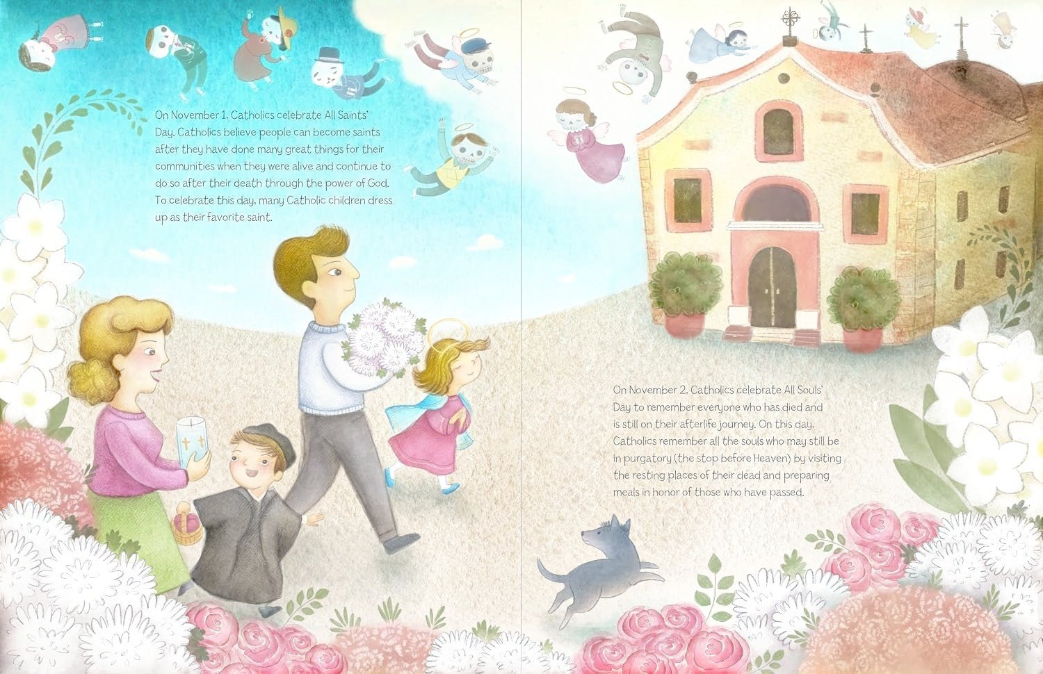 Halloween-Emporium Dia De Los Muertos Story book spread featuring a family visiting a church with illustrated angels