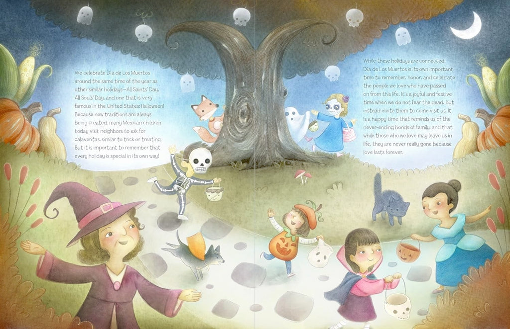 Halloween-Emporium Dia De Los Muertos Story book spread featuring children in costumes and whimsical illustrations.