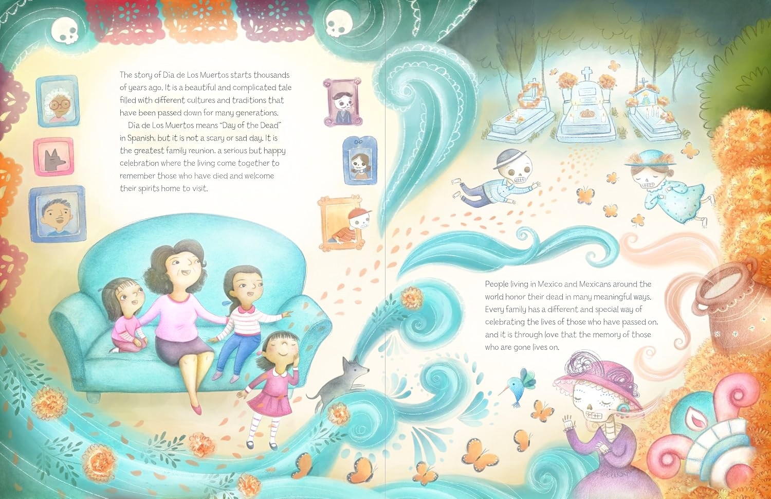Halloween-Emporium Dia De Los Muertos Story book spread featuring colorful illustrations of family, spirits, and flowers