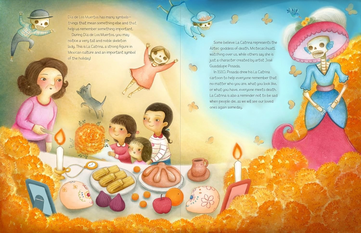 Halloween-Emporium Dia De Los Muertos Story book spread featuring colorful illustrations of La Catrina and ofrenda.
