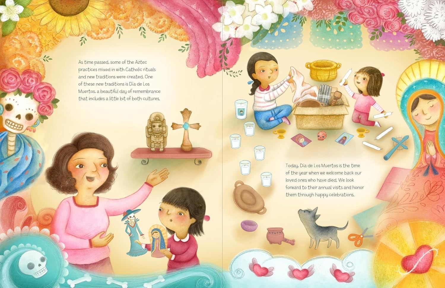 Halloween-Emporium Dia De Los Muertos Story book spread featuring colorful illustrations of family traditions