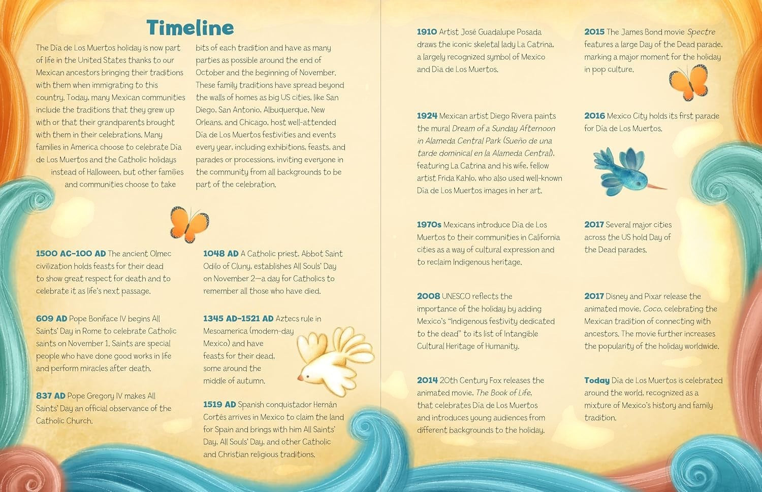 Halloween-Emporium Dia De Los Muertos Story book page showing a colorful historical timeline of the holiday