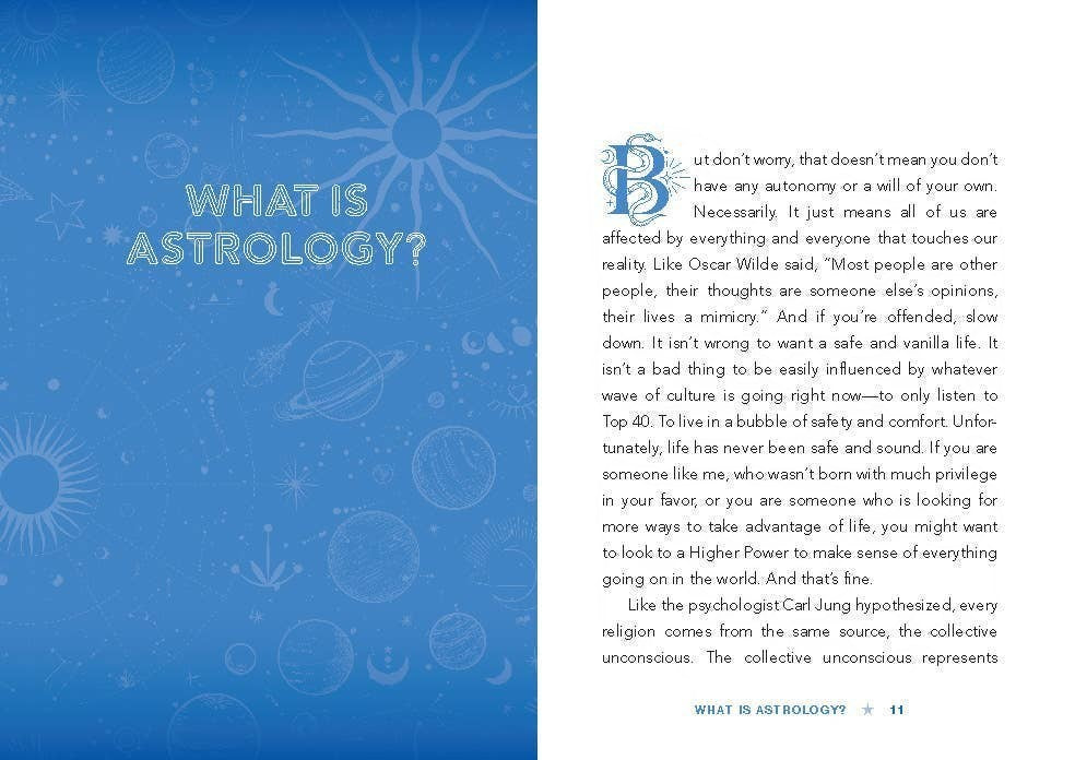 Halloween-Emporium Dirtbag Astrology book interior page with celestial blue background and What is Astrology header