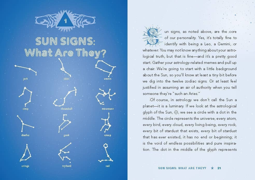 Halloween-Emporium Dirtbag Astrology book interior page showing sun sign constellation diagrams and descriptive text.