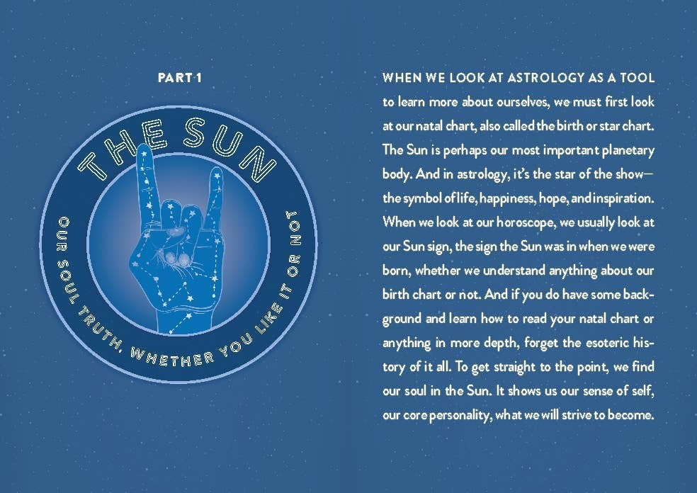 Halloween-Emporium Dirtbag Astrology book page featuring a blue circular graphic with a hand making a rock sign.