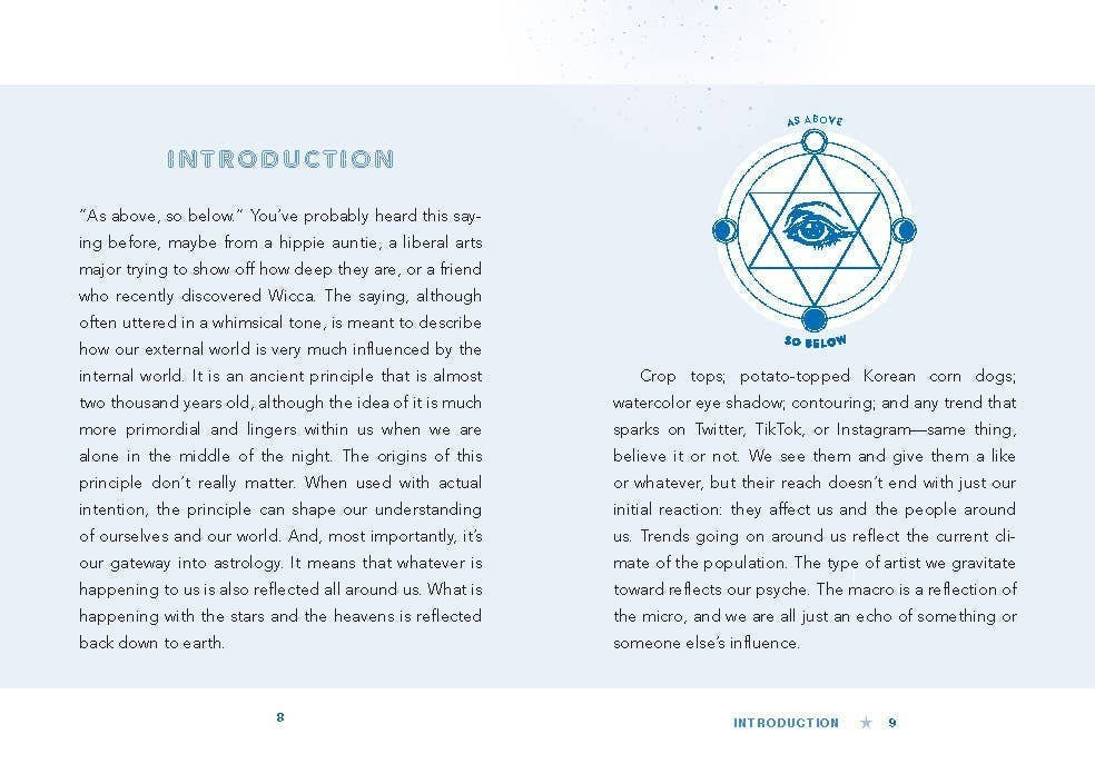 Halloween-Emporium Dirtbag Astrology book interior page with As Above So Below text and an eye illustration