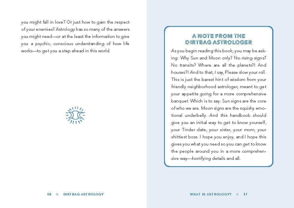Halloween-Emporium Dirtbag Astrology book open to pages 16 and 17 featuring text about astrology and sun signs