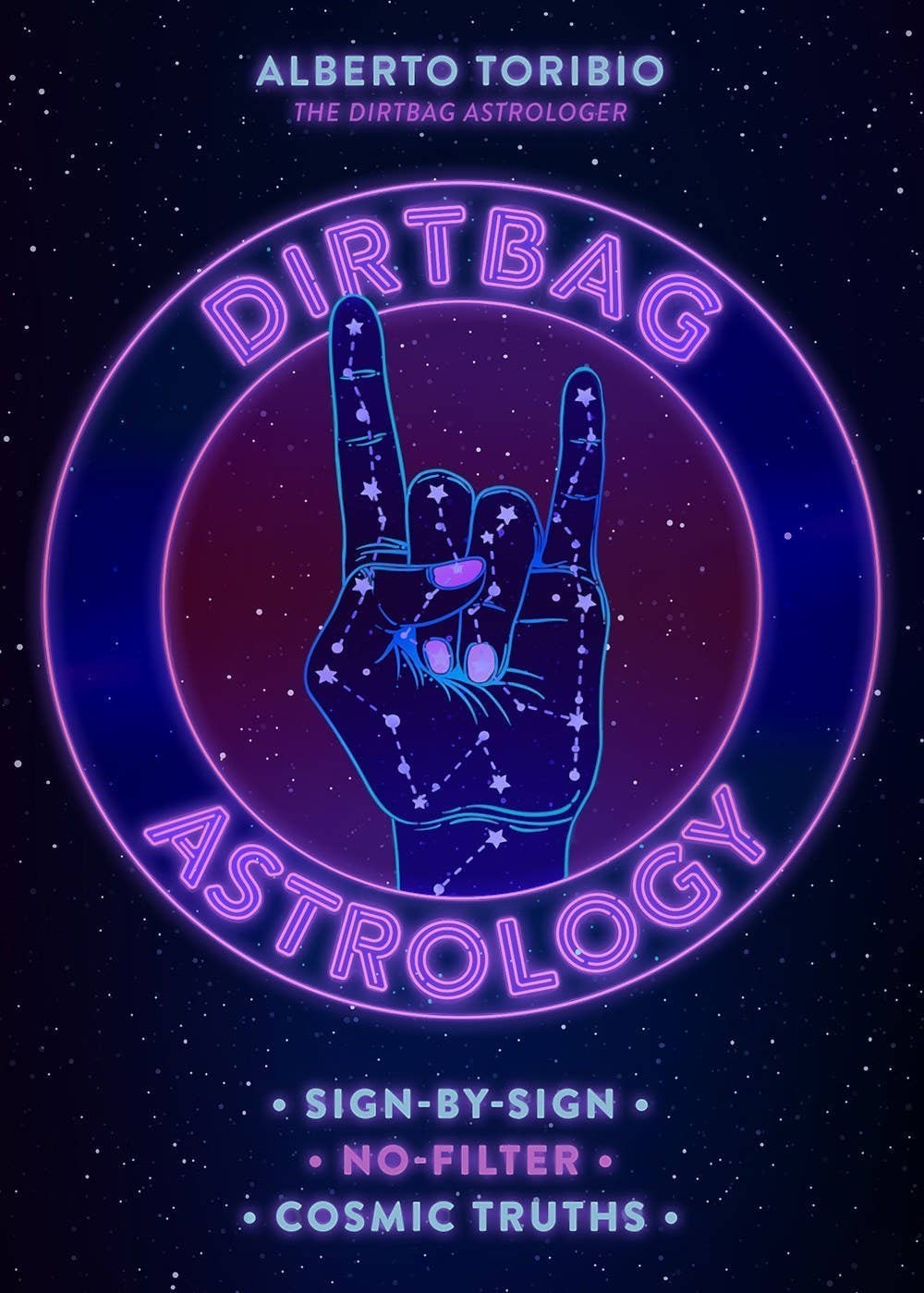 Halloween-Emporium Dirtbag Astrology hardcover book cover with neon purple rock hand sign and star constellations