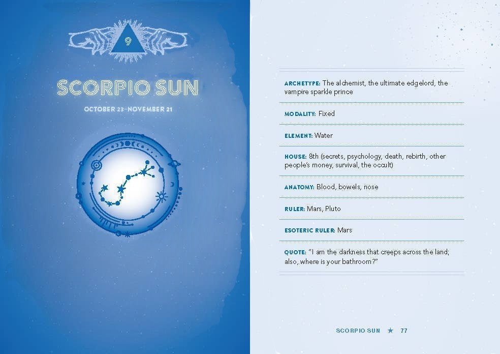 Halloween-Emporium Dirtbag Astrology book interior page showing Scorpio Sun sign details in blue and white print.