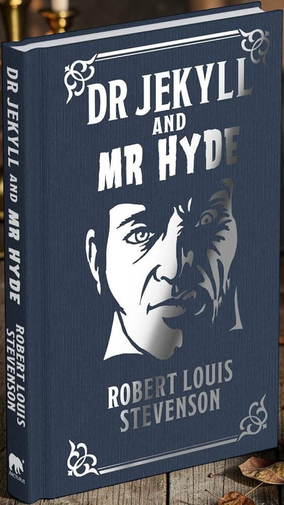 Halloween-Emporium Dr Jekyll and Mr Hyde hardcover book with a navy blue cover and silver-embossed portrait design.