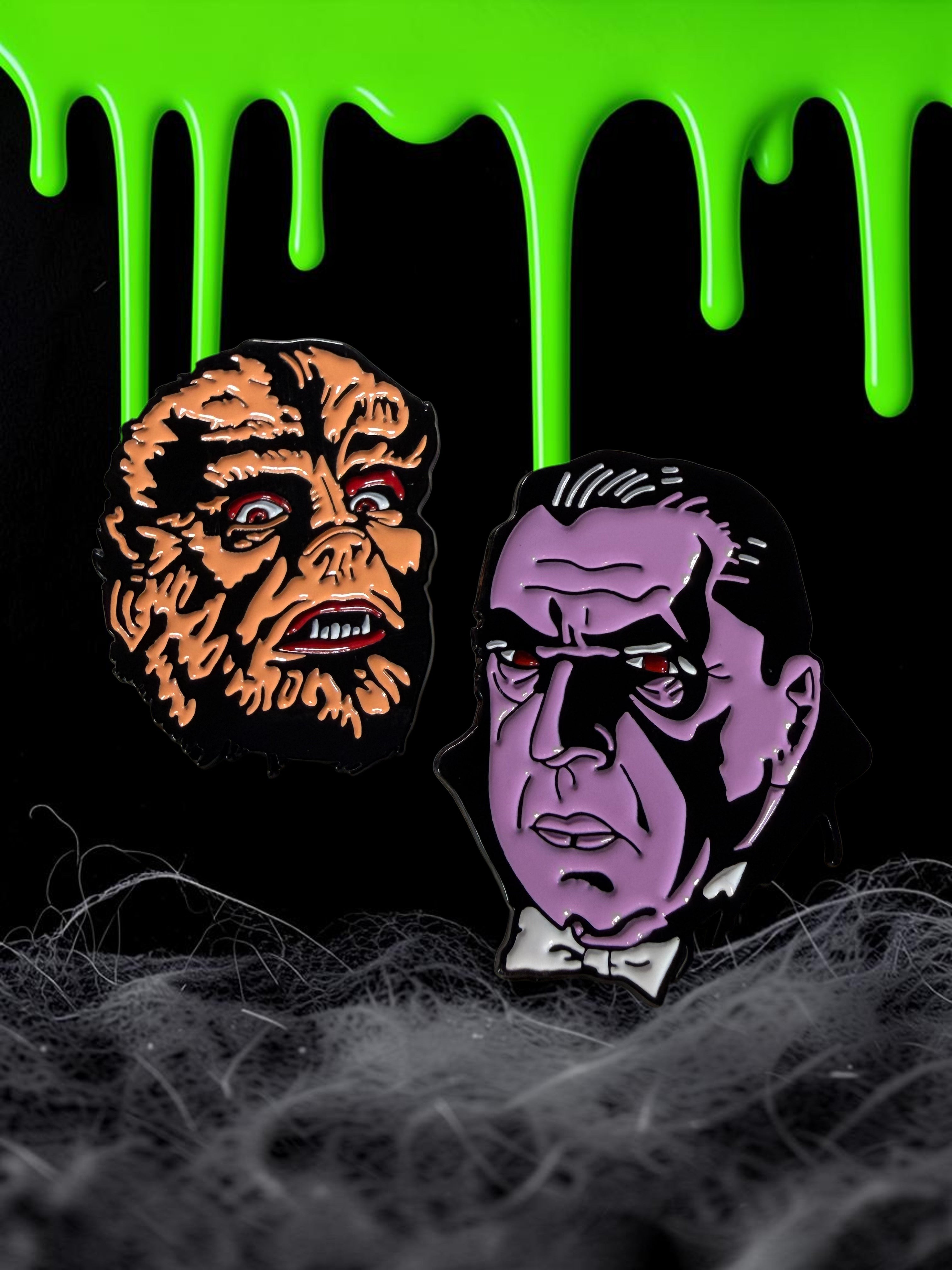 Halloween-Emporium Dracula and werewolf enamel pins featuring detailed gothic horror character designs