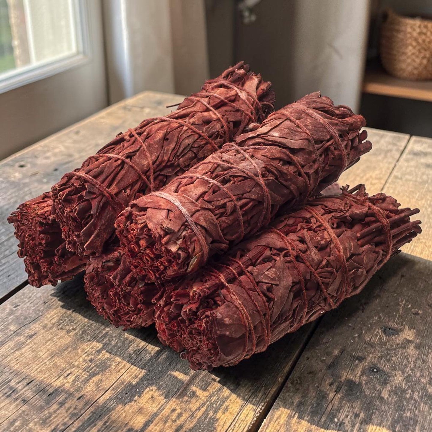 Halloween-Emporium Dragon Blood sage smudge sticks with deep red leaves tied with twine on a rustic wooden table