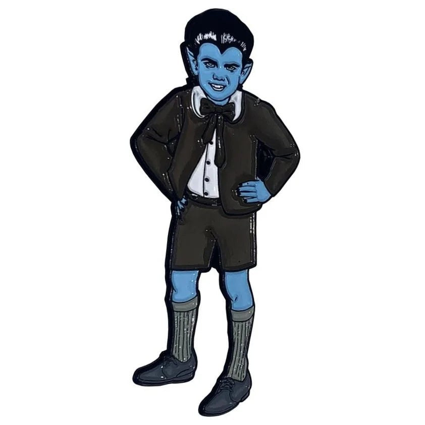 Halloween-Emporium Eddie Munster enamel pin featuring the iconic character in a black suit with blue skin details.