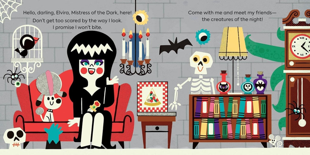 Halloween-Emporium Elvira's First Book of Monsters board book page featuring illustrated Elvira and spooky creatures.