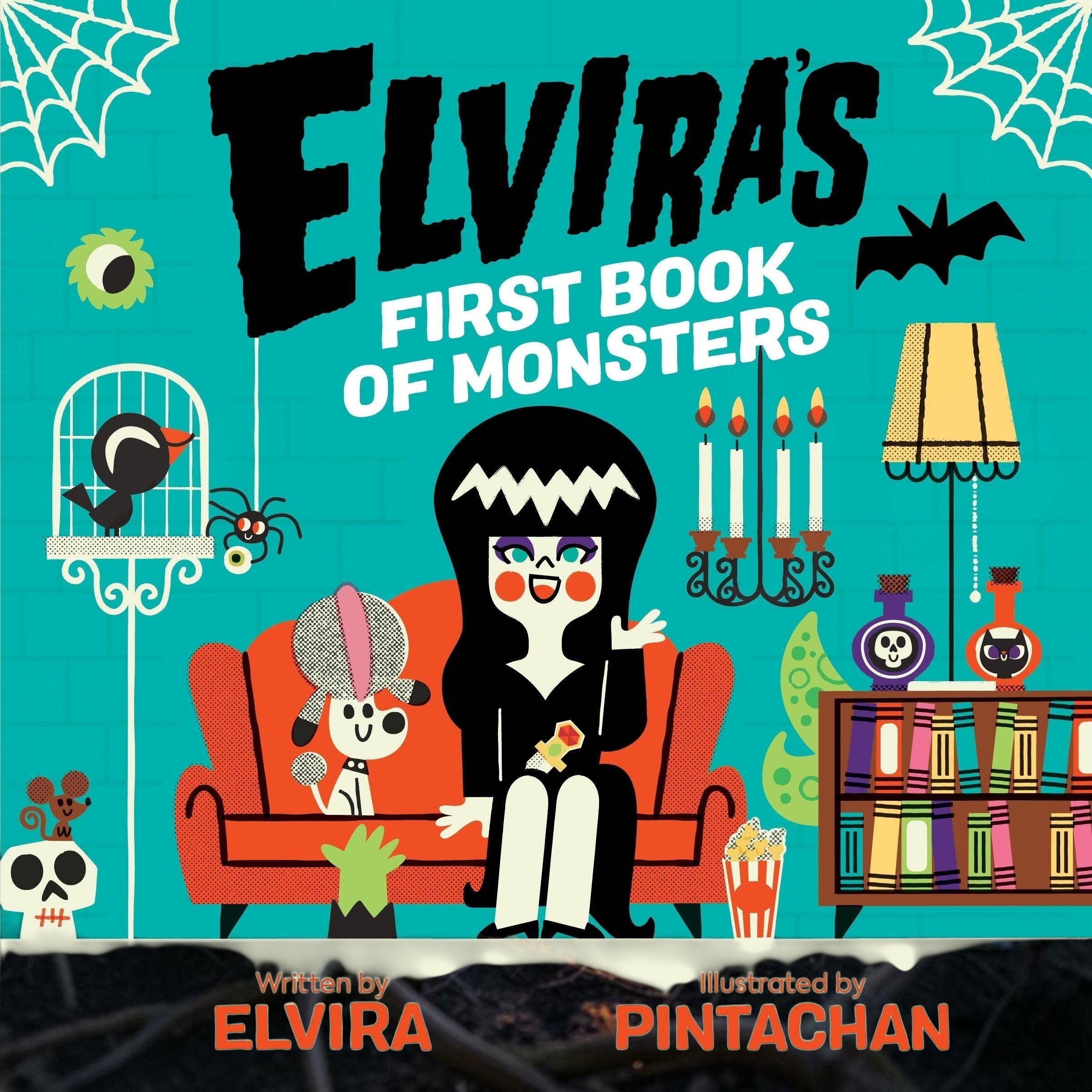 Halloween-Emporium Elvira's First Book of Monsters board book cover featuring a cute cartoon Elvira and spooky friends.