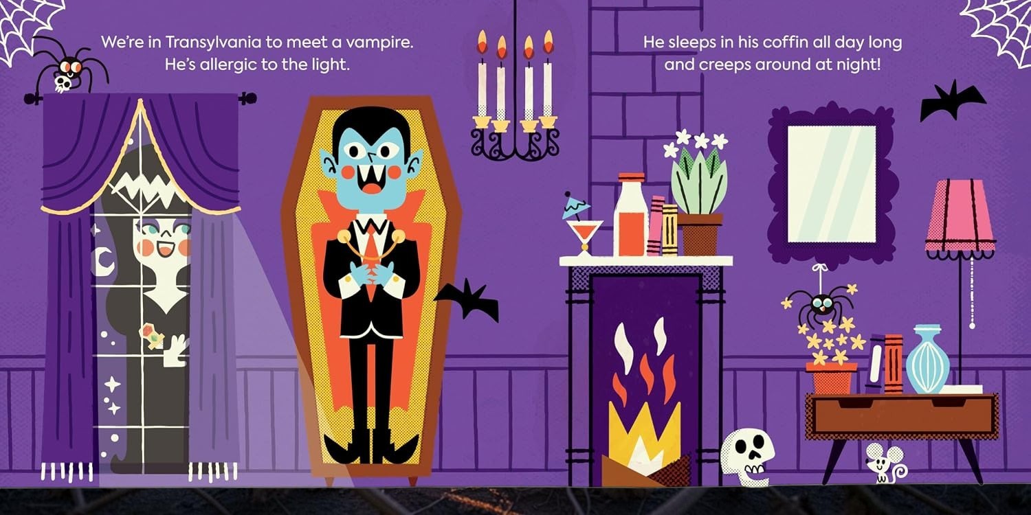 Halloween-Emporium Elvira's First Book of Monsters board book page featuring a vampire in a coffin and purple decor.