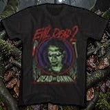 Halloween-Emporium black crewneck t-shirt featuring a vibrant Evil Dead 2 Dead By Dawn graphic print.