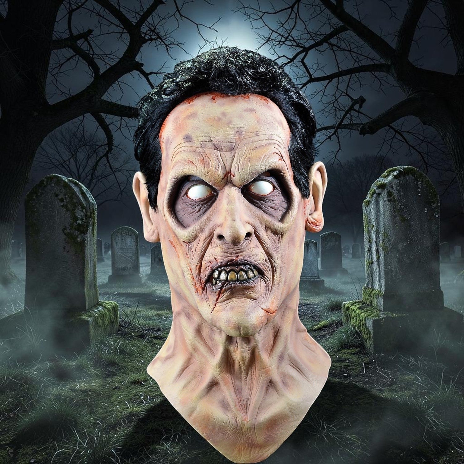 Halloween-Emporium Evil Dead Ash Williams full-head mask with decaying skin texture and hollowed eyes for cosplay.