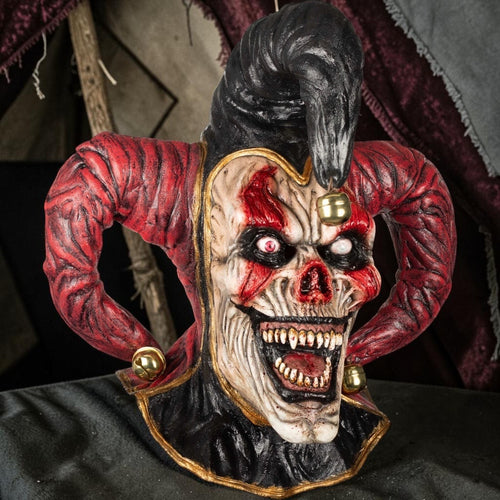 Halloween-Emporium hand-painted latex Evil Jester horror mask with extended neck and grotesque jester hat details.