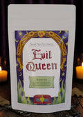 Halloween-Emporium Evil Queen Spiced Apple black tea in a white pouch with a villain-themed label and gold frame.