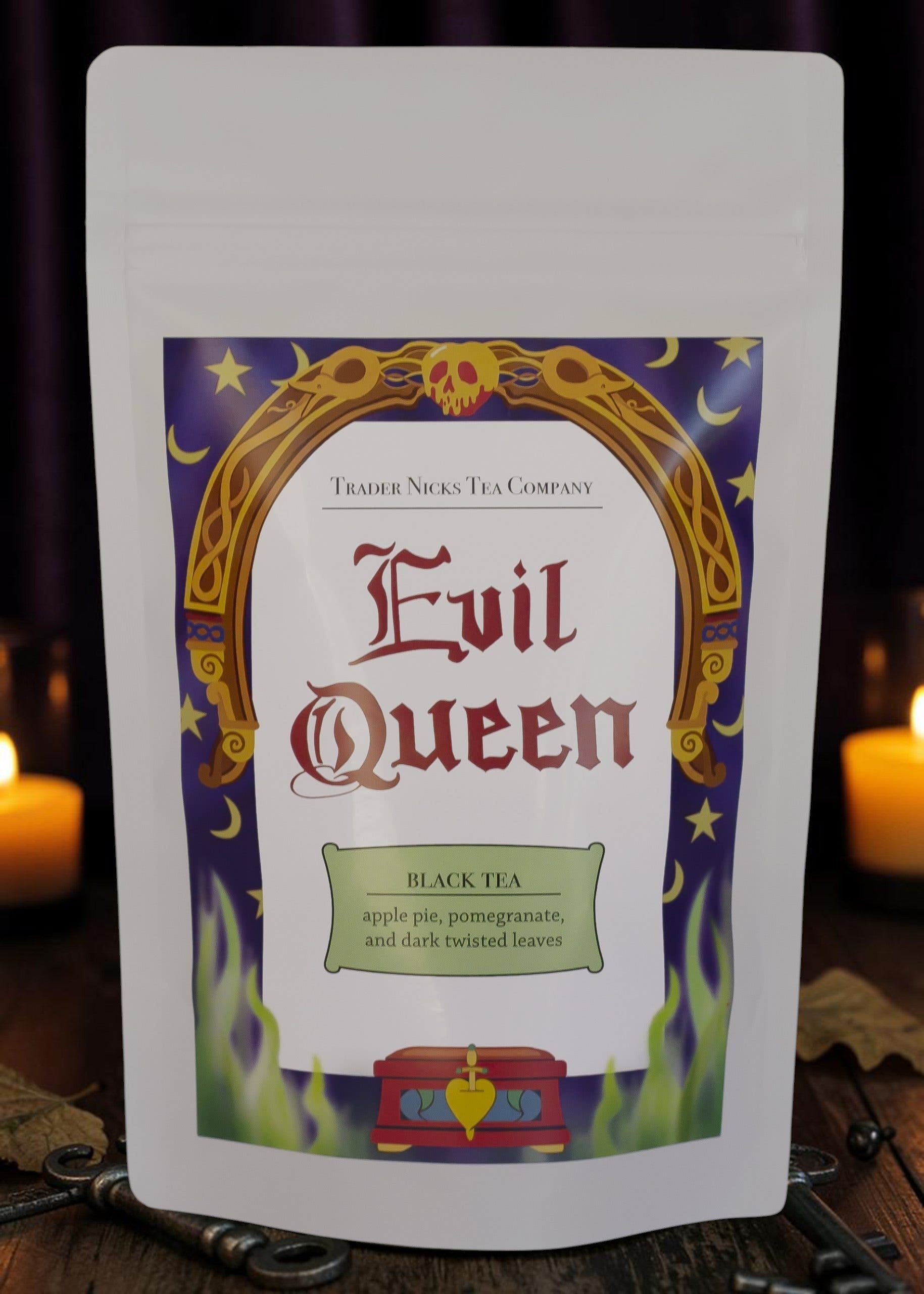 Halloween-Emporium Evil Queen Spiced Apple black tea in a white pouch with a villain-themed label and gold frame.