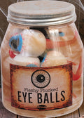 Halloween-Emporium specimen jar filled with realistic fleshy plucked eyeballs and a vintage weathered label