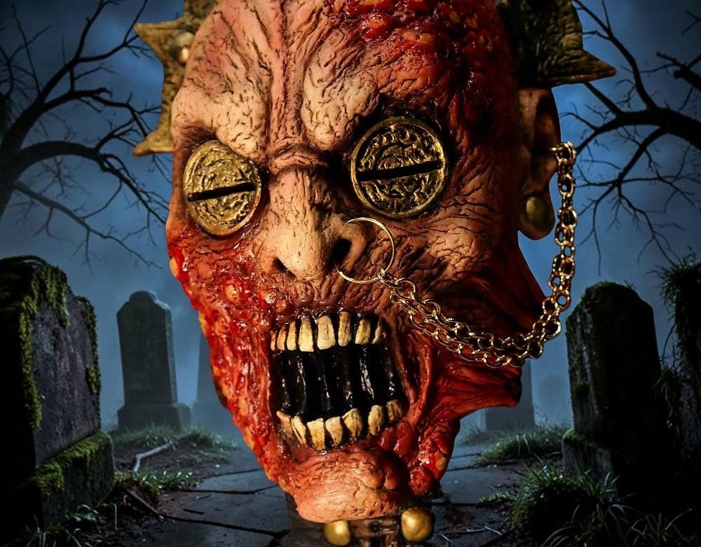 Halloween-Emporium Famine Black Horseman latex mask with decaying skin, coin eyes, and gold chain in a graveyard.