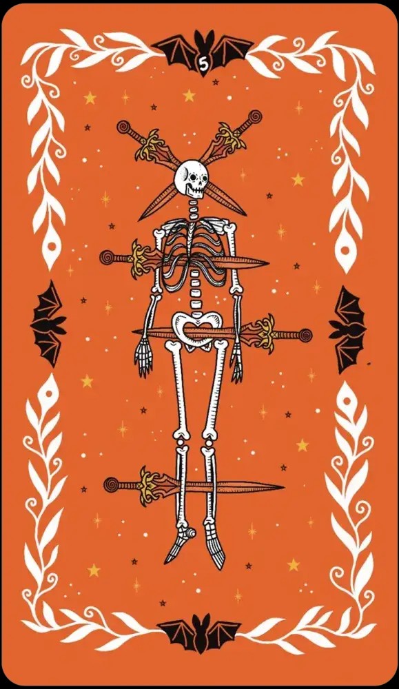 Halloween-Emporium Happy Halloween Tarot card featuring a skeleton pierced by five swords on an orange background.