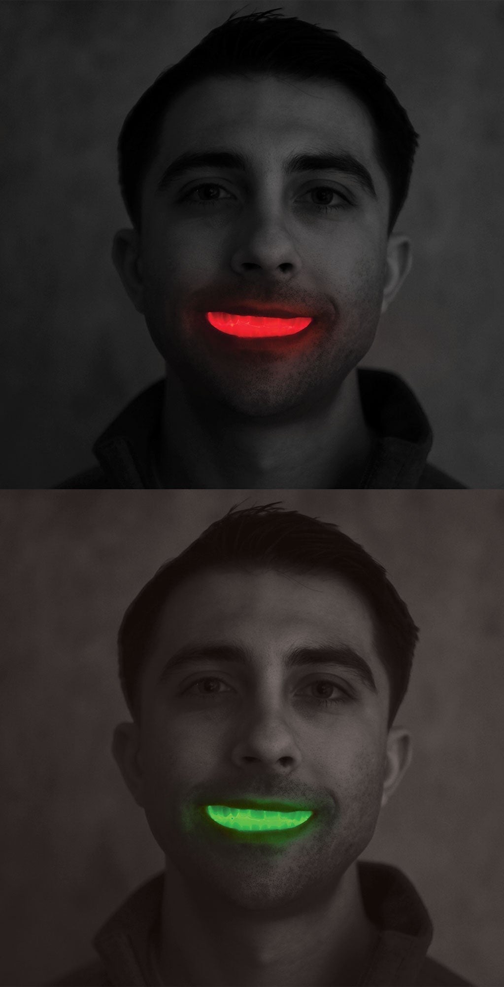 Halloween-Emporium flashing LED mouthpiece worn by a man, showing vibrant red and green glowing light effects.