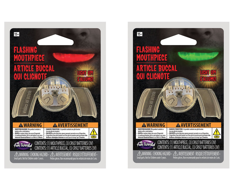 Halloween-Emporium flashing LED light up mouthpiece accessory in retail packaging with red and green glow effects.